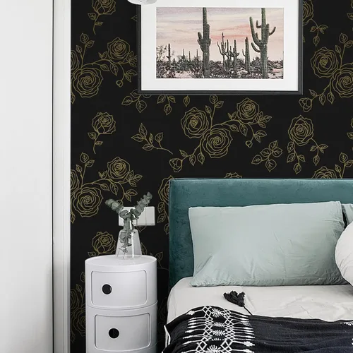 Miniatura 6 de Amiya Papel tapiz floral negro y dorado, línea de papel tapiz para despegar y pegar, estilo bohemio, retro, renovación de dormitorios, armarios