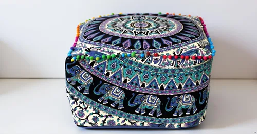 Miniatura 4 de CRAFT KALA Funda de puf tradicional de retazos cuadrados indios, funda para puf de sala de estar india, diseño otomano, decoración otomana, Elefante