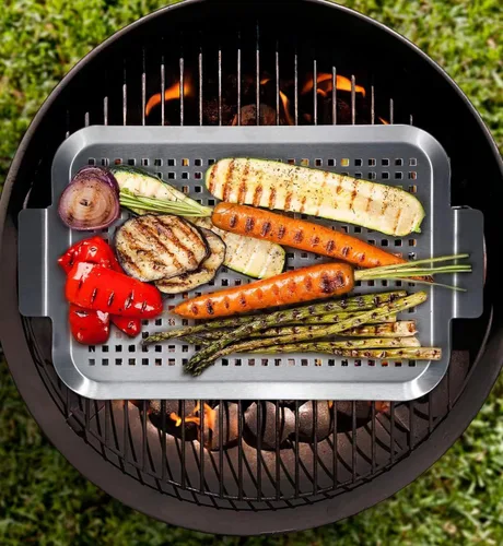 Miniatura 6 de Set de 2 bandejas para parrilla, topper para parrilla de exterior, cestas para asar de acero inoxidable con agujeros y asas, bandeja perforada