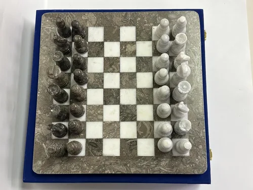Miniatura 7 de Juego de ajedrez de mármol hecho a mano de 15 pulgadas con caja de regalo de terciopelo azul, tablero de ajedrez de piedra y piezas talladas