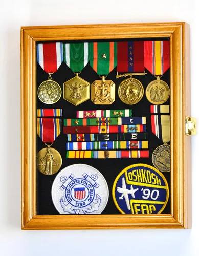 XS - Caja de exhibición militar para medallas, pasadores, parches, insignias, cintas, insignias, 98% con bloqueo UV Roble