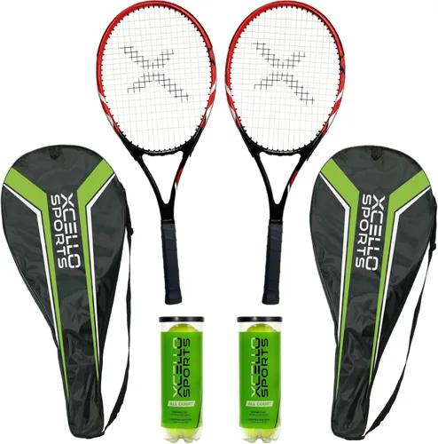 Xcello Sports Juego de raquetas de aluminio de 23 pulgadas (rojo/negro) con 2 tubos de pelotas de tenis y 2 fundas