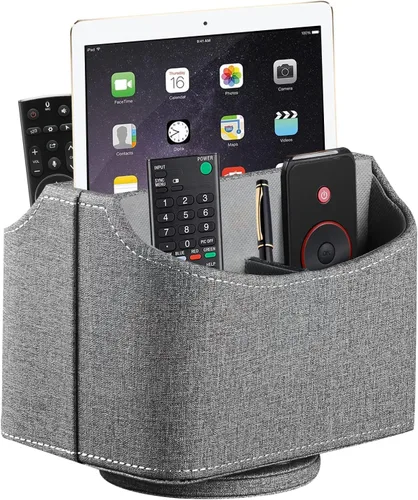 Miniatura 14 de YAPISHI Soporte para control remoto de cuero antiguo, caja giratoria de 360 grados para escritorio, organizador de mesa de noche para control