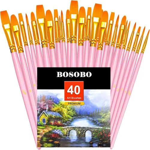 Miniatura 22 de BOSOBO Juego de 6 pinceles de pintura, 60 pinceles de punta redonda puntiaguda, pinceles de nailon para artistas del cabello acrílicos para aceite