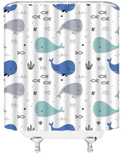 Miniatura 4 de Cortina de ducha de ballena de dibujos animados, lindo animal oceánico, azul y gris, diseño abstracto de peces náuticos, divertido para niños