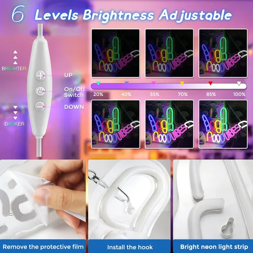 Miniatura 4 de Good Vibes - Letrero de neón regulable con interruptor de encendido/apagado, letreros de neón alimentados por USB para decoración de pared, letreros