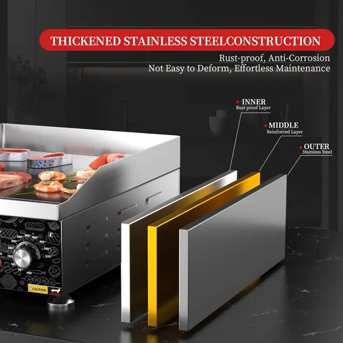 Miniatura 7 de Plancha eléctrica comercial de 14 pulgadas, plancha eléctrica de encimera plana, parrilla eléctrica superior plana de 110 V 1800 W, parrilla