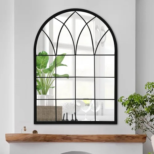 Miniatura 9 de Espejo de pared de ventana arqueada, espejos de marco de metal de 35 pulgadas con patrón de rejilla, acabado antiguo negro, espejo decorativo