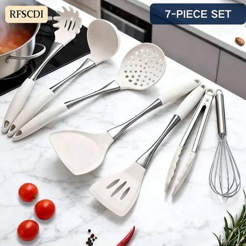 Miniatura 6 de Juego de utensilios de cocina de silicona blanca de alta calidad, no tóxicos, resistentes al calor, sin BPA, con espátula, cuchara, batidor y Blanco