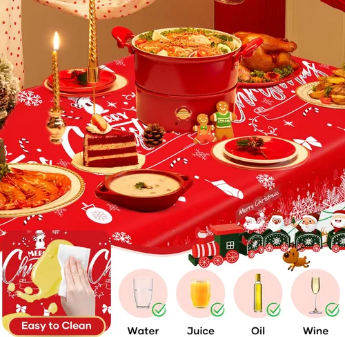 Miniatura 4 de Paquete de 3 manteles navideños desechables de plástico, manteles de mesa navideños rectangulares rojos para fiestas, con estampado de árbol