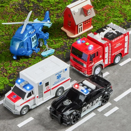 Miniatura 2 de JOYIN 4 paquetes de juguetes de vehículos de emergencia, vehículos accionados por fricción con luz y sonido, incluyendo camión de bomberos