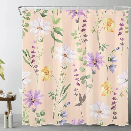 Miniatura 37 de Cortina de ducha de flores silvestres amarillas, moradas, florales y verde salvia con hojas de eucalipto sobre blanco, juego de cortina de ducha