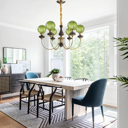 Miniatura 2 de Candelabro de globo de cristal verde con 6 luces, lámpara colgante moderna de mediados de siglo, lámpara colgante Art Deco para comedor, cocina