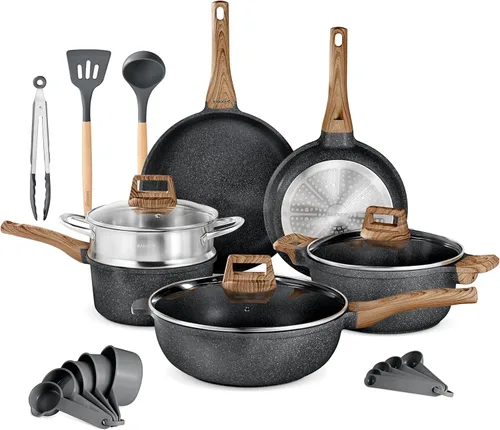 Bakken-Swiss - Juego de utensilios de cocina de 14 piezas, antiadherentes de granito, ecológico, sin PFOA, PFOS y PTFE para todas las estufas y