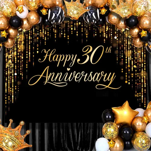 Miniatura 4 de Pancarta de Feliz 30º Aniversario - Póster de Fotografía Negro Dorado para Decoración de Bodas y Fiestas de Cumpleaños