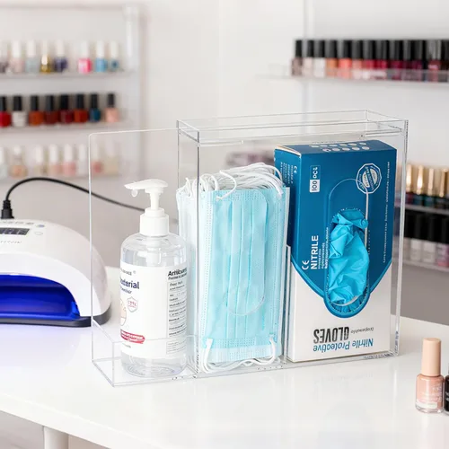 Miniatura 9 de SEANADO Dispensador de mascarillas de acrílico con 3 compartimentos, estación de higiene para máscaras faciales desechables, bolsa de Emesis