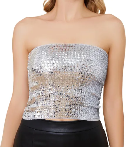 JASGOOD Tops cortos de lentejuelas brillantes para mujer, tops de tubo metálicos sin tirantes, corsé de sirena con purpurina para fiesta y club