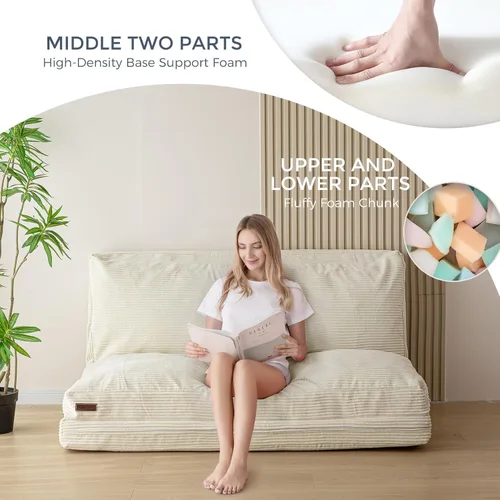 Miniatura 3 de MAXYOYO - Sofá cama puff plegable para adultos, sofá de suelo extragrueso y largo con funda lavable de tela trenzada, beige, 54 x 95 pulgadas