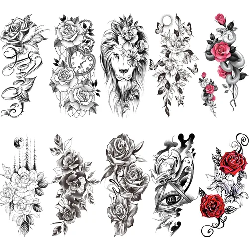10 hojas de tatuajes temporales realistas de flores de rosas para mujeres, muslos de brazo, gran sexy, serpiente, león, mariposa, tatuajes falsos