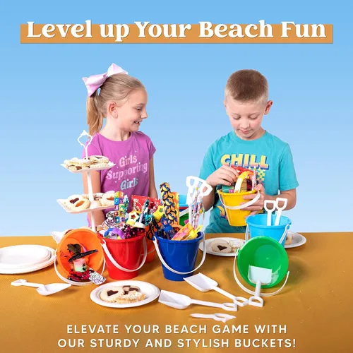 Miniatura 9 de Sloosh 12 juegos de cubos de arena con palas para niños, cubos de playa, juguetes de fiesta, cubo de plástico con asas