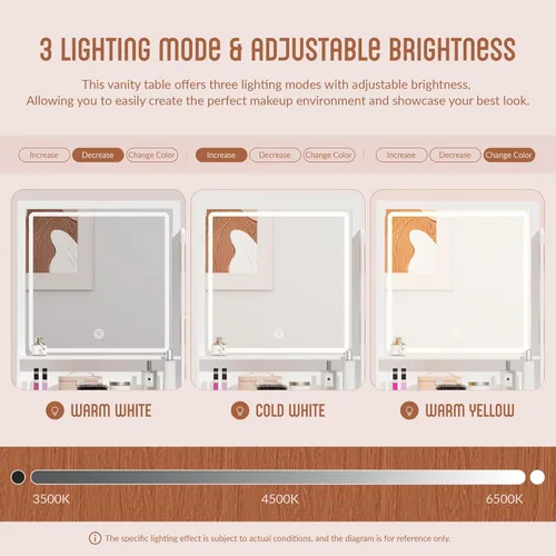 Miniatura 4 de INTERGREAT Tocador de maquillaje con luces y espejo, escritorio de tocador blanco, tocador con cajones grandes, 3 modos de iluminación, espejo