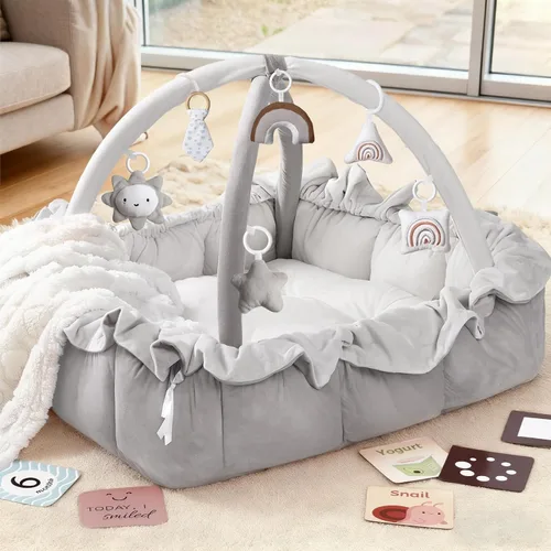 Miniatura 10 de Mallify Gimnasio de felpa 5 en 1 para bebés, tapete de juego para bebés, gimnasio convertible para bebés con manta y 6 juguetes, tapete