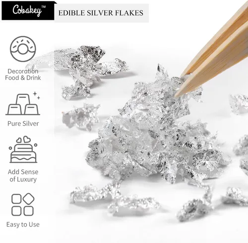 Miniatura 2 de Cobakey Hoja de plata comestible, copos de plata de 50 mg para decoración de pasteles (cupcake, chocolate, filete, bebida y cocina), PureSilver