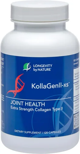 Longevity by Nature Extra Strength KollaGen II-XS- Colágeno tipo II con ácido hialurónico, condroitina y glucosamina – Soporte para articulaciones,