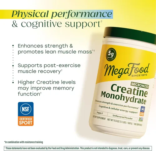 Miniatura 3 de MegaFood Polvo de monohidrato de creatina micronizado - Polvo sin sabor para después y antes del entrenamiento para hombres y mujeres - Apoyo al