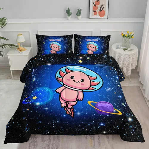 Miniatura 15 de Axolotl Juego de edredón de dibujos animados con diseño de gato de caricaturas, juego de ropa de cama con estampado de dibujos animados y escamas
