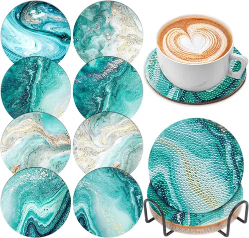 Miniatura 20 de Juego de 8 posavasos de arte de diamante para adultos con soporte de almohadillas de corcho, paisaje abstracto de bricolaje, arte de diamantes