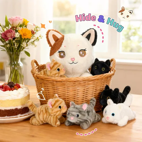 Miniatura 5 de Onsoyours Original 5 piezas de animales de peluche de gato con bebés adentro, peluche Kawaii Kiity con mamá y 4 gatitos - Lindos juguetes de peluche