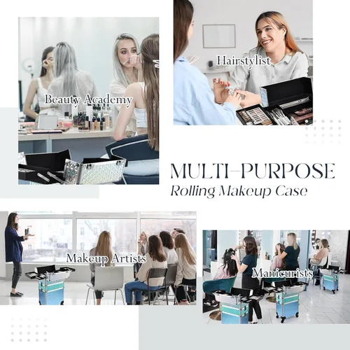 Miniatura 7 de estuche profesional 3 en 1 para maquillaje rodante, estuche de aluminio con ruedas de rotación 360° para artista de maquillaje, maletín organizador