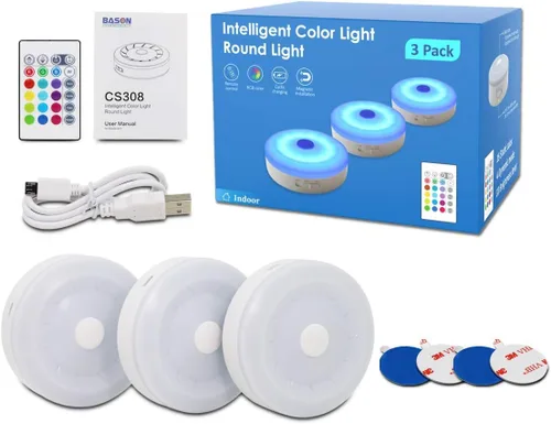 Miniatura 7 de Bason - Luminarias redondas recargables con control remoto, con luces que cambian de color. Iluminación LED ideal para colocar debajo de gabinetes.