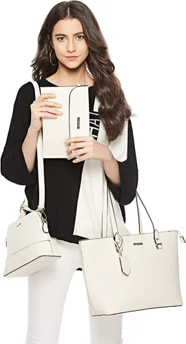 Miniatura 74 de Juego de 4 bolsas modernos para mujer de cuero sintético: bolso tote, bolso de hombro, bolso de mano y cartera.