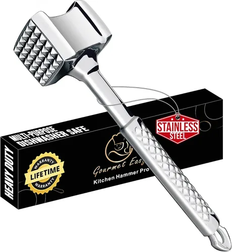 Herramienta ablandadora de carne de acero inoxidable, mazo de carne premium con agarre antideslizante, mazo de cocina de doble cara ideal para