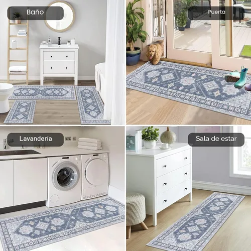 Miniatura 6 de HEBE - Juego de alfombras de cocina bohemias de 3 piezas con corredor, alfombras de cocina antideslizantes y tapetes lavables para piso de cocina
