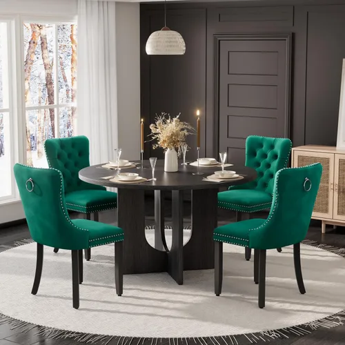 Miniatura 32 de Mesa de comedor redonda de 47 pulgadas para juego de mesa de cocina rústica de 6,7 piezas, mesa de comedor de granja, sillas negras de alta gama