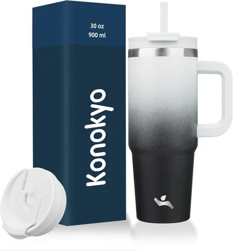 Miniatura 21 de Konokyo - Vaso de 40 onzas con asa y 2 pajillas, botella de agua aislada 2 en 1 con tapa. Taza de viaje de acero inoxidable para café, flores