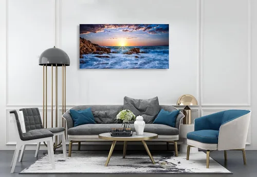 Miniatura 2 de Muolunna BK05850 - Lienzo decorativo para pared, diseño de océano azul, puesta de sol, 1 panel, olas de mar, pintura de paisaje, obra de arte