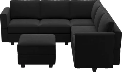Miniatura 8 de Belffin - Sofá seccional modular con asientos de almacenamiento de terciopelo, en forma de L, con rincón, convertible, con diván, color negro