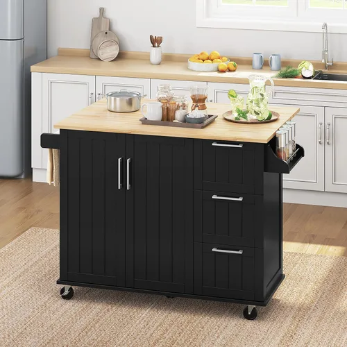 Miniatura 10 de Yaheetech Carrito de isla de cocina con hoja caída, barra de desayuno de cocina con 5 ruedas universales con gabinete de almacenamiento, parte Negro