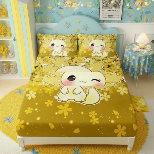 Miniatura 40 de QOOMO Ropa de cama Kawaii Axolotl para niños y niñas, diseño de flor de cerezo rosa, juego de ropa de cama súper suave para niños, con estrellas