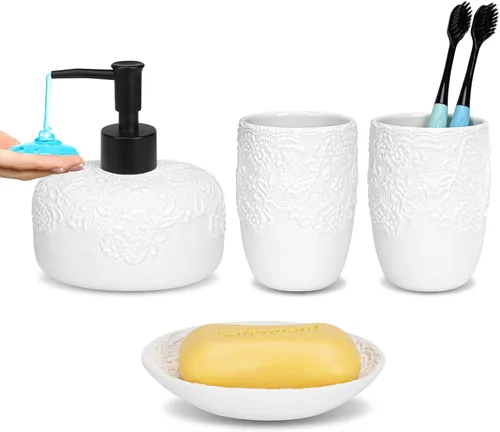 Juego de accesorios de baño, 4 piezas de cerámica con diseño en relieve, dispensador de jabón de baño de 13.5 onzas y 2 vasos de cerámica, 1 jabonera