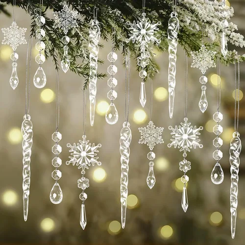 Miniatura 8 de Geegoods 18 adornos de Navidad, copos de nieve, decoraciones colgantes de cristal acrílico de Navidad, decoraciones de cristal de carámbano