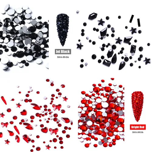 Miniatura 5 de 1620 diamantes de imitación para uñas color negro azabache con parte trasera plana, diamantes de imitación rojos para uñas, cuentas redondas, gemas