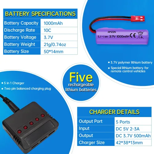 Miniatura 3 de Batería de iones de litio de 3.7 V 1000 mAh con enchufe JST-2P y cargador de 1 a 5 para Huina 1337 1338 1516 1517 RC vehículo de ingeniería