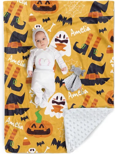 Miniatura 22 de Manta de Halloween personalizada, diseños de dibujos animados con nombre personalizable, manta de franela de felpa suave con respaldo punteado