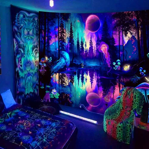 Miniatura 2 de Miytal Tapiz de medusas del bosque de fantasía, luz negra, colorido hongo, mariposa, para colgar en la pared, reflejo de luna reactiva a los rayos