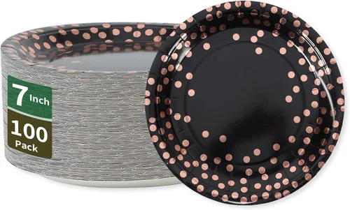 Miniatura 15 de Platos de papel para fiesta de puntos negros y oro rosa, 50 piezas desechables para fiestas, platos de papel de postre para cumpleaños, bodas
